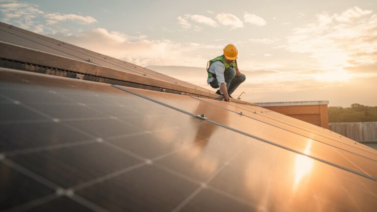 Solar panels being installed on a commercial roof